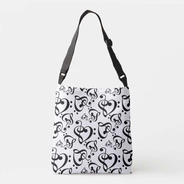 Black And White Clef Hearts Music Notes Pattern Crossbody Bag (Back)