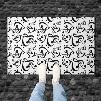 Black And White Clef Hearts Music Notes Pattern Doormat by machomedesigns at Zazzle
