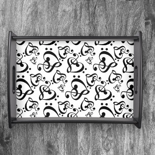 Black and White Clef Hearts Music Notes Serving Tray