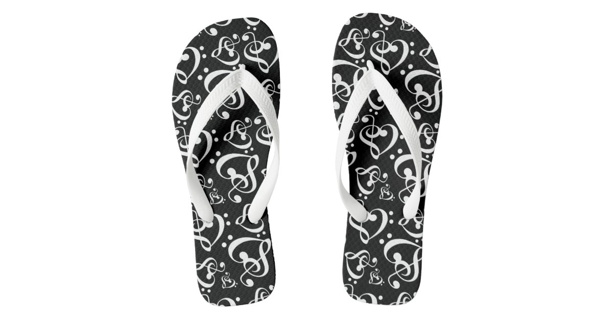 Black And White Clef Hearts Music Notes Shoes Flip Flops | Zazzle