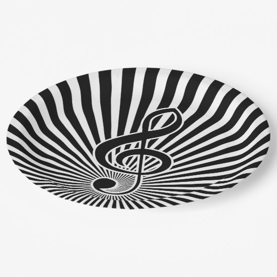 Black and White Clef Music Note on Starburst Paper Plate