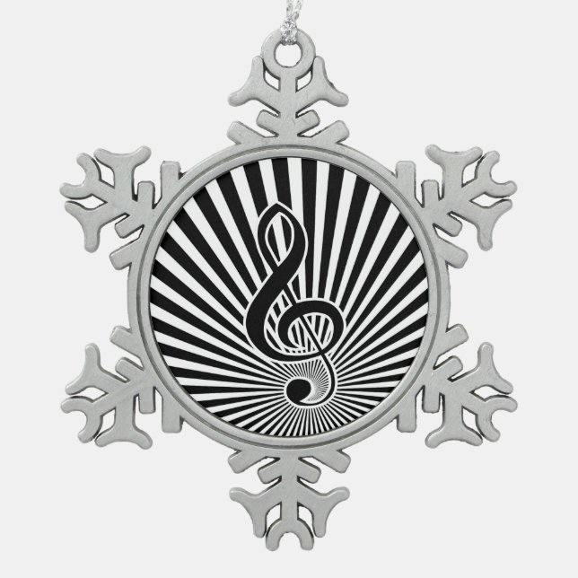 Black and White Clef Music Note on Starburst Snowflake Pewter Christmas Ornament (Front)