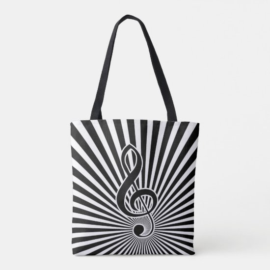 Black and white clef music note on starburst tote bag