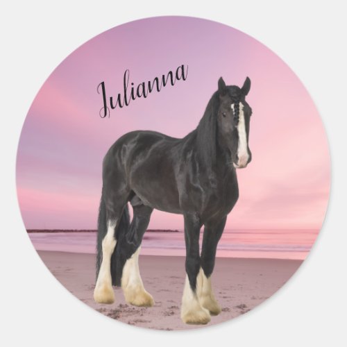 Black and White Clydesdale on the Beach at Sunset  Classic Round Sticker