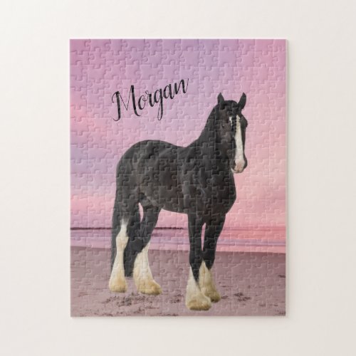 Black and White Clydesdale on the Beach at Sunset  Jigsaw Puzzle
