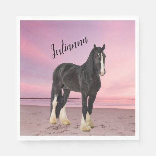 Black and White Clydesdale on the Beach at Sunset  Napkins