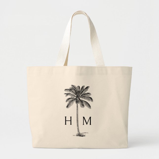 Black and White Coastal Palmetto Palm Monogram Large Tote Bag (Front)