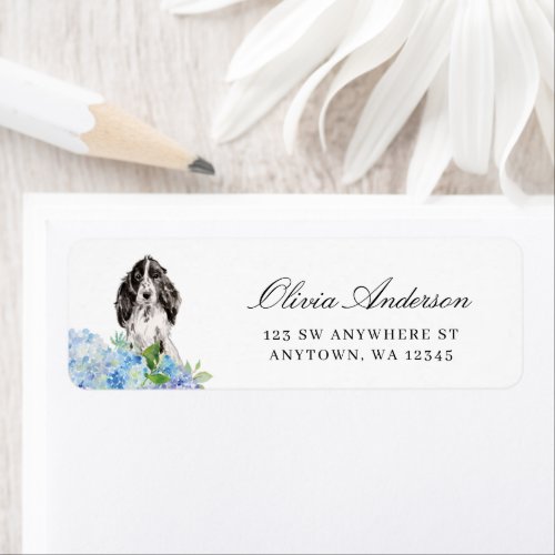 Black and White Cocker Spaniel Blue Hydrangea Label