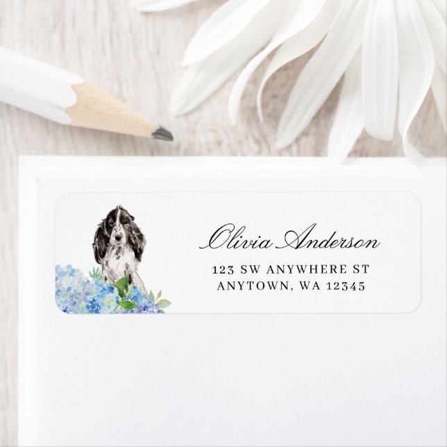 Black and White Cocker Spaniel Blue Hydrangea Label (Insitu)