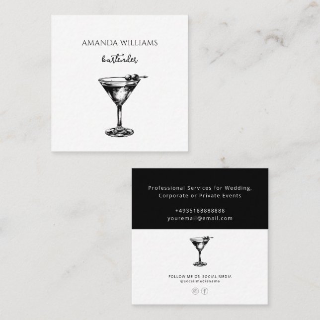 Black and White Cocktail Professional Bartender Square Business Card (Front/Back)