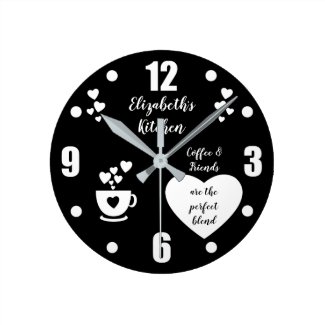 Black and white coffee cup love hearts kitchen round clock