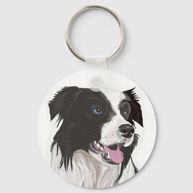 black and white collie blue eyes keychain (Front)