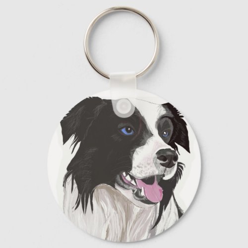 black and white collie blue eyes keychain
