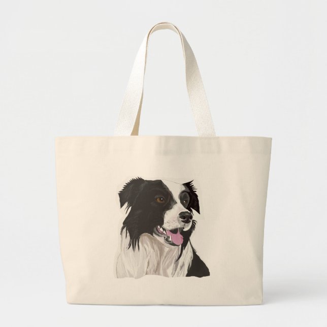 Black and White Collie with Brown eyes Large Tote Bag (Front)