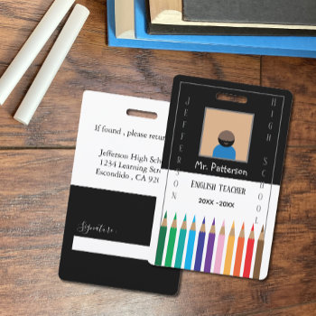 Black And White Color Pencils Teacher Id Badge by ArianeC at Zazzle
