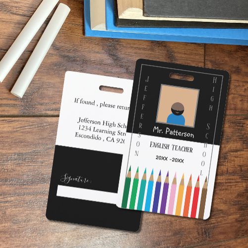 Black and White Color Pencils Teacher ID Badge 