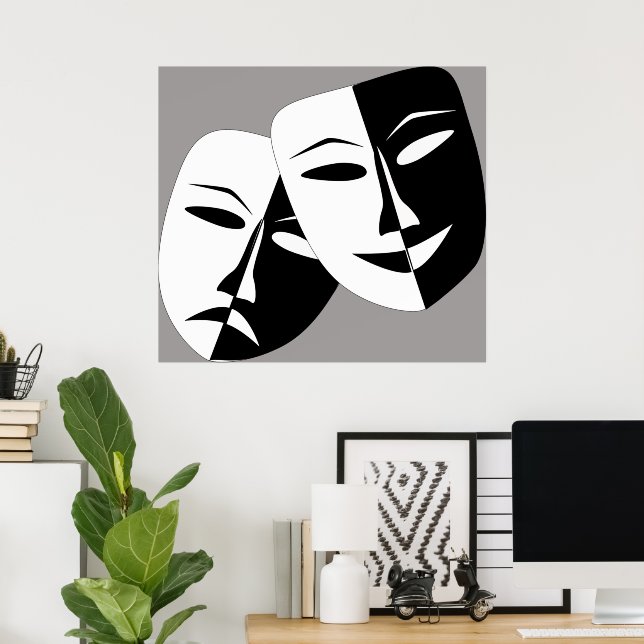 Black and White Comedy and Drama Masks Poster (Home Office)