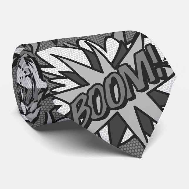 Black and White Comic Book Pop Art BOOM Superhero Neck Tie (Rolled)