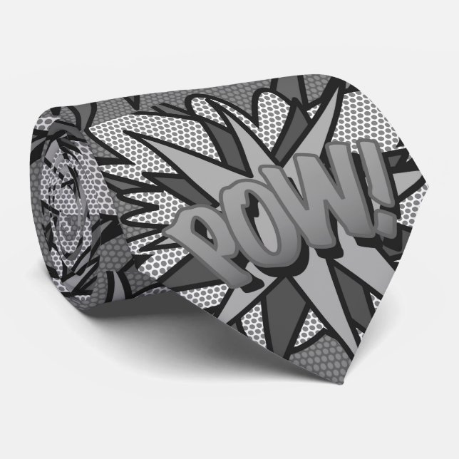 Black and White Comic Book Pop Art POW Superhero Neck Tie (Rolled)