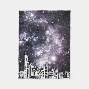 Black and White Comic Style City Skyline Milky Way Fleece Blanket