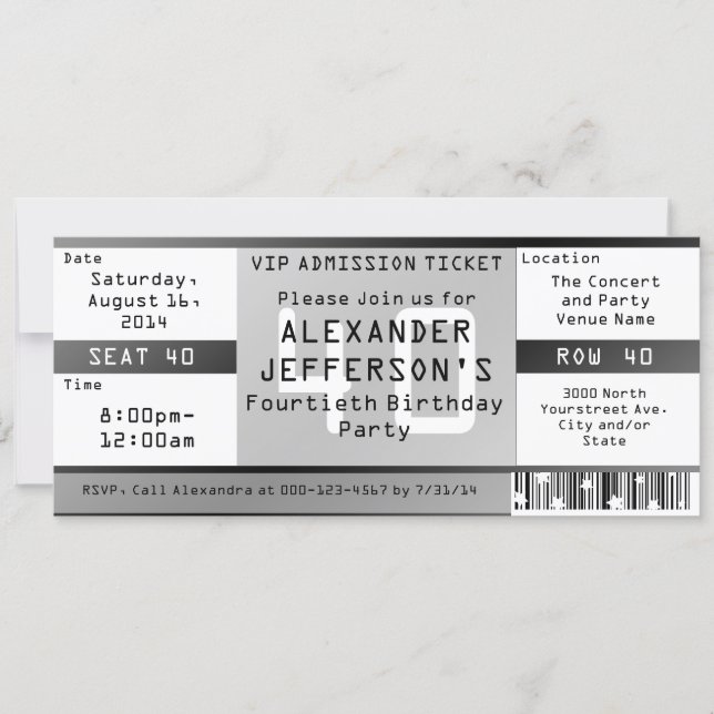 Black and White Concert Ticket Birthday Party Invitation (Front)