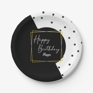 Details about   Happy Birthday 10” Paper Plates ~ Black & White Decorations Stripes & Polka Dot 