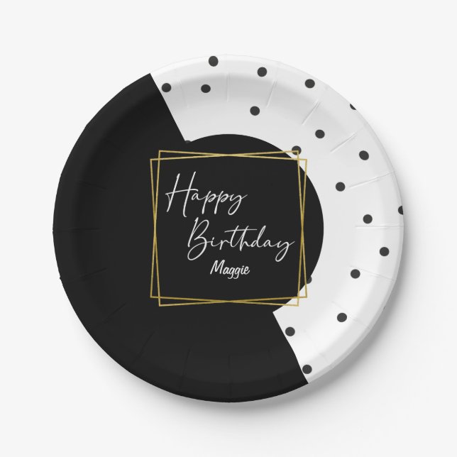 Black and White Confetti Dots Birthday for Her Paper Plates (Front)