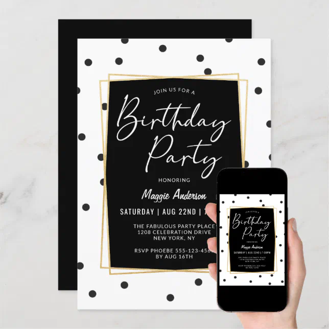 Black and White Confetti Dots Birthday Party Invitation | Zazzle