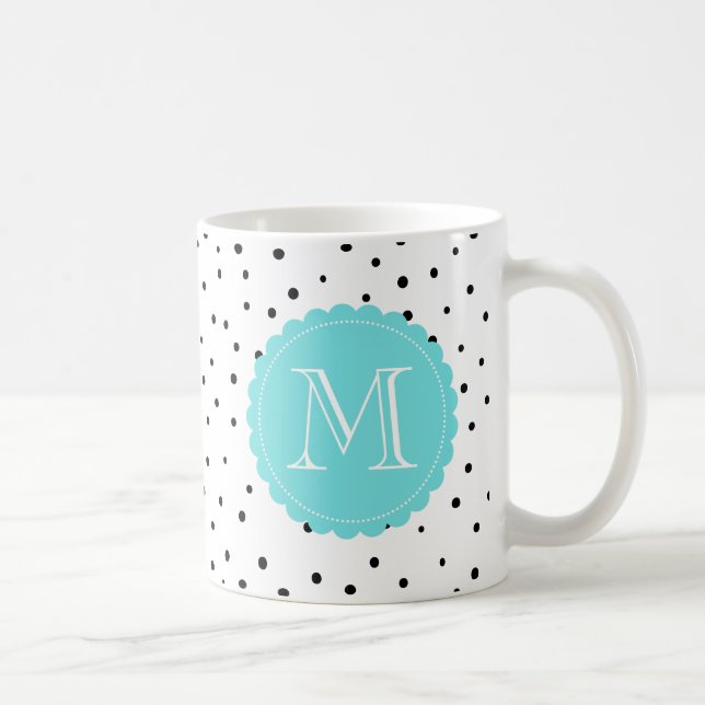 Black and White Confetti Dots Blue Monogram Mug (Right)