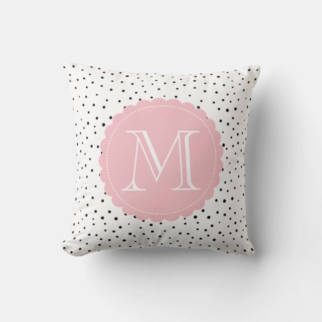 Black and White Confetti Dots Blush Pink Monogram Throw Pillow (Front)
