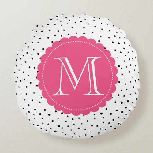 Black and White Confetti Dots Hot Pink Monogram Round Pillow