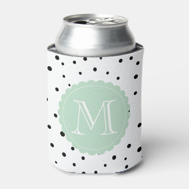 Black and White Confetti Dots Mint Monogram Can Cooler (Can Front)