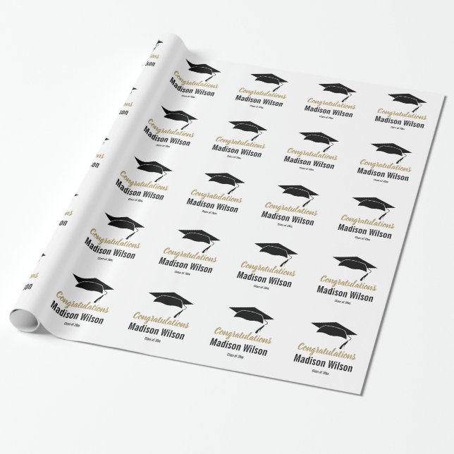 Black and White Congratulations Graduation Cap Wrapping Paper (Unrolled)