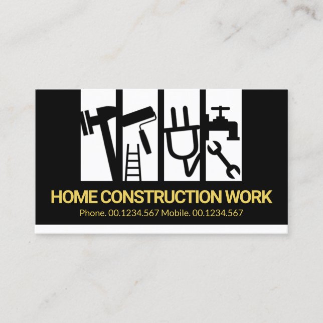 Black And White Construction Handyman Tool Stripes Business Card (Front)
