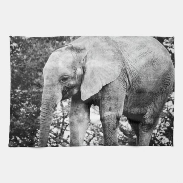Black and White Contrast Photo of Elephant Kitchen Towel (Horizontal)