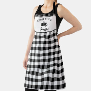 Black and White Cook Name Buffalo Plaid Pattern Apron