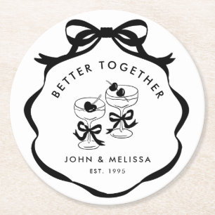 Black and White Coquette Bow Better Together Round Paper Coaster
