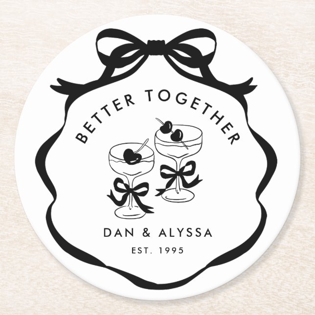Black and White Coquette Bow  Better Together Round Paper Coaster (Front)