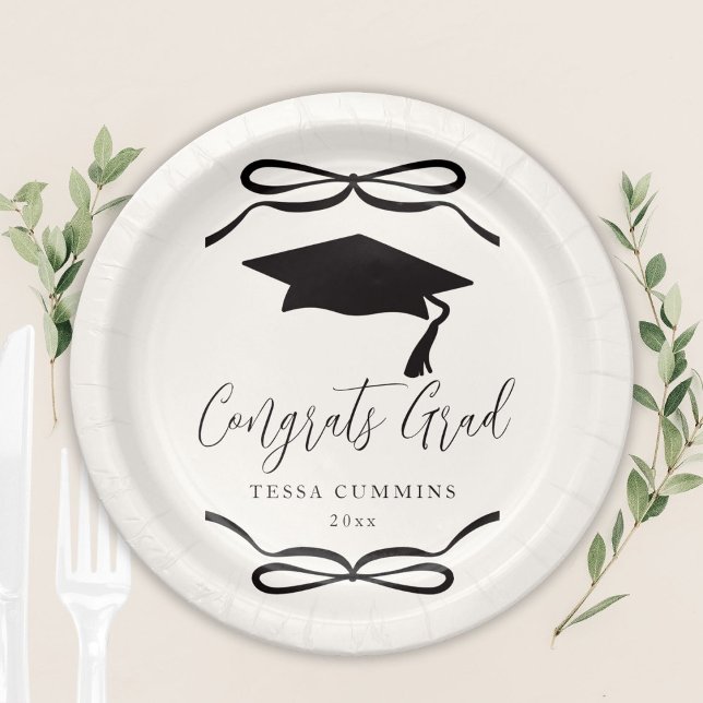 Black and White Coquette Bow Girl Graduation Party Paper Plates (Creator Uploaded)