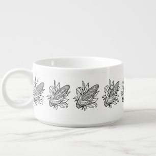 Black and white corn cob icon with leaves bowl
