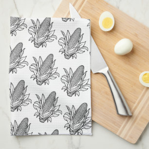 Black and white corn cob icon with leaves kitchen towel