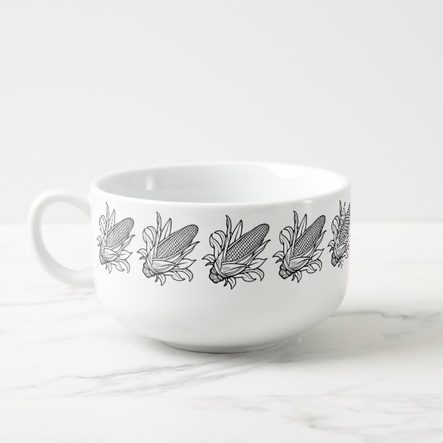 Black and white corn cob icon with leaves soup mug (Right)