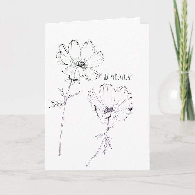 Black and White Cosmos Flower Greeting Card (Front)