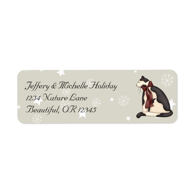 Black and White Country Cat and Snowflakes Winter Label (Front)