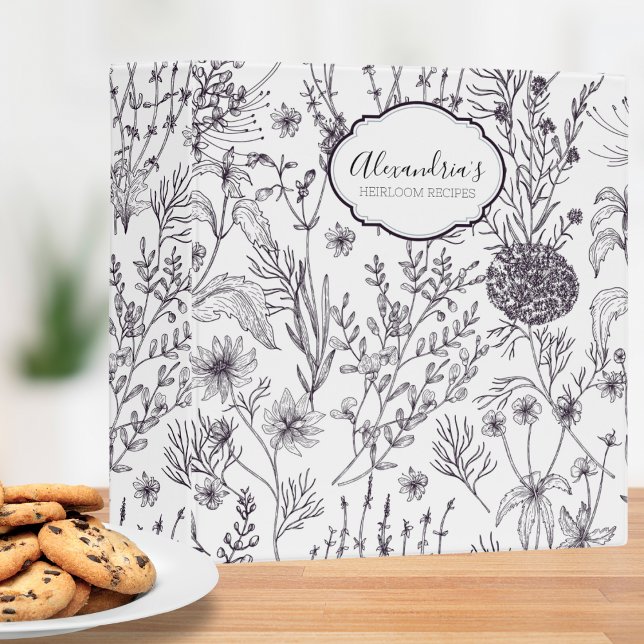 Black and White Country Floral Monogram Recipe  3 Ring Binder (Creator Uploaded)