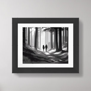 Black and White Couple Walking Through Forest Path Framed Art
