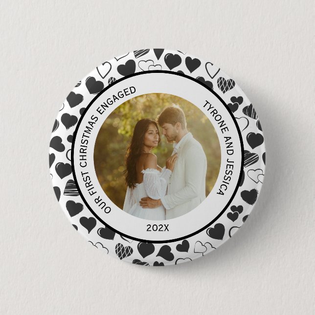 Black and White Couples First Christmas Engaged  Button (Front)