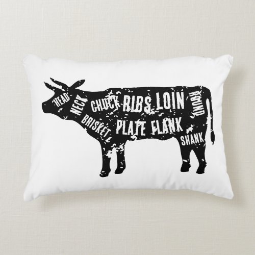 Black and white cow beef meat cuts drawing accent pillow