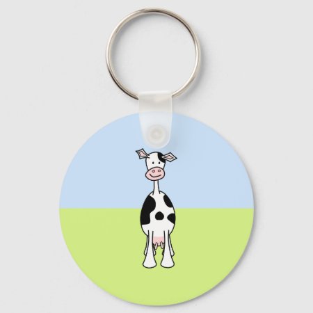 Black And White Cow Cartoon. Front. Keychain