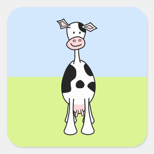 Black and White Cow Cartoon. Front. Square Sticker (Front)
